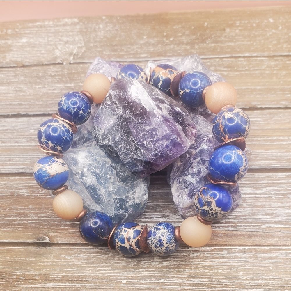 Royal Blue Imperial Jasper, Druzy Agate, Bronzite and Copper Bracelet